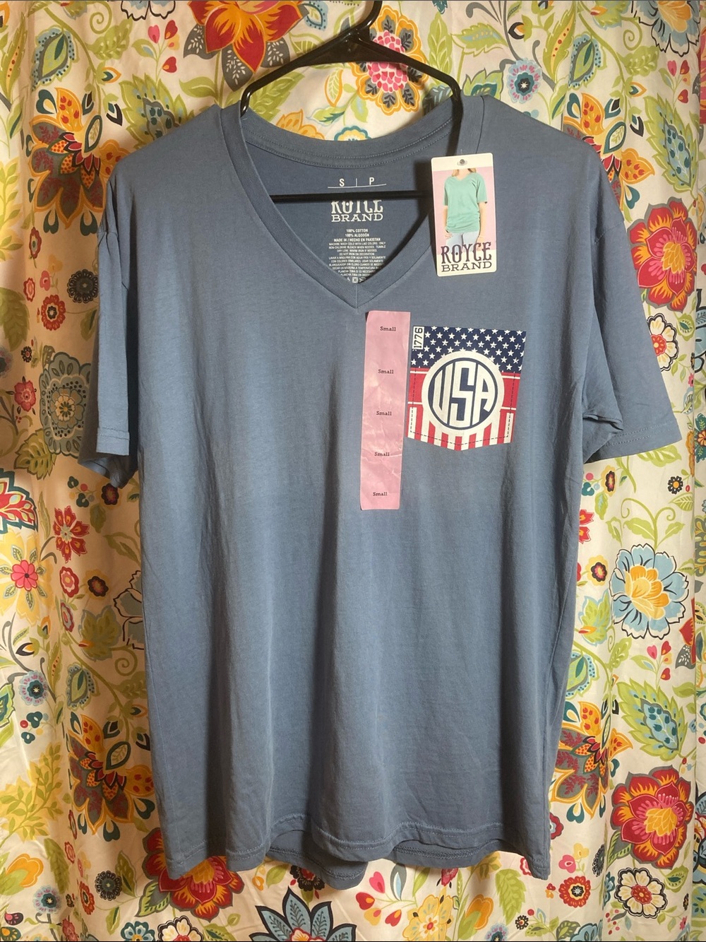 Royce Brand Women's USA Pocket V-Neck Tee in Dusty Blue